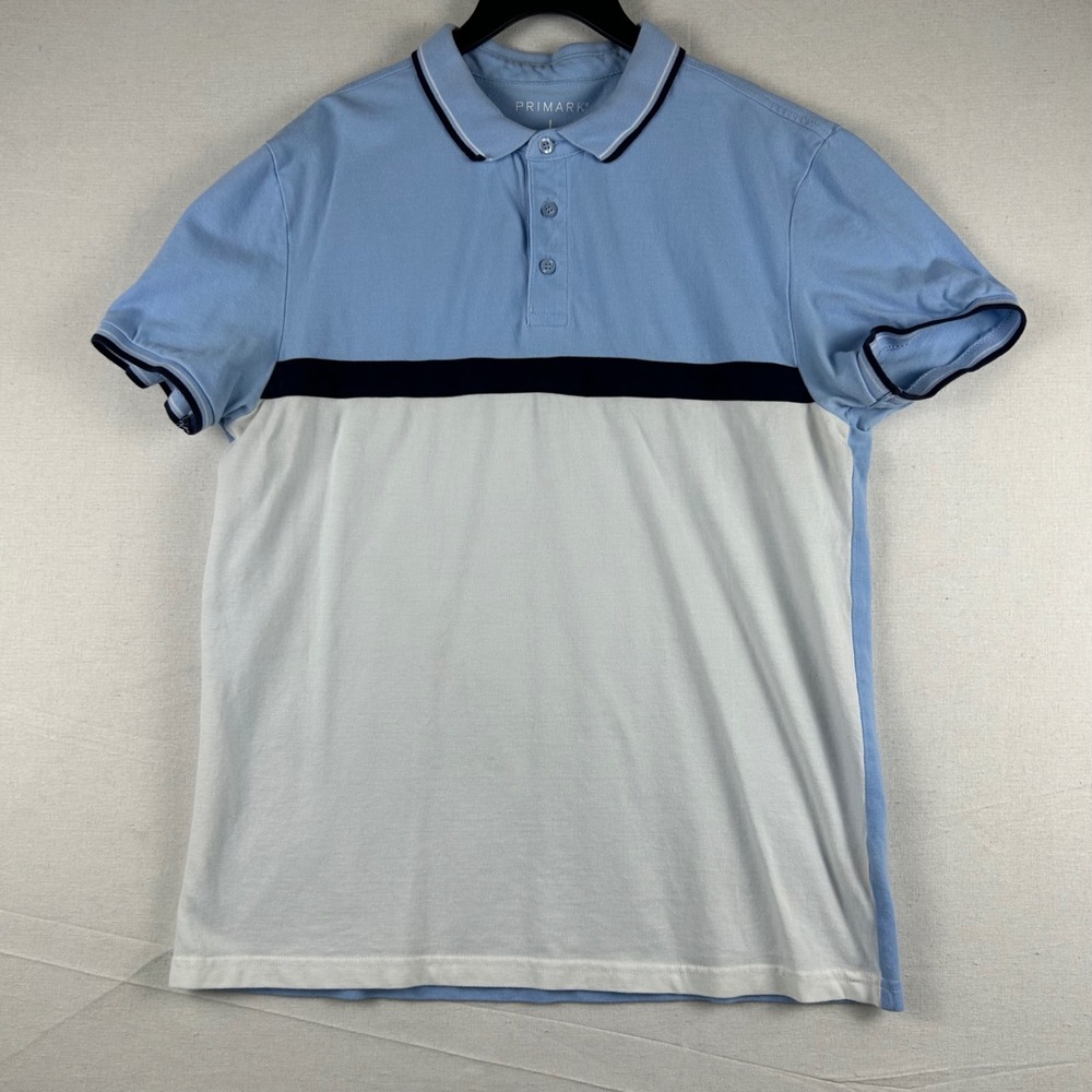 Primark Mens Colorblock Polo Shirt Light Blue White Navy Stripe Size L